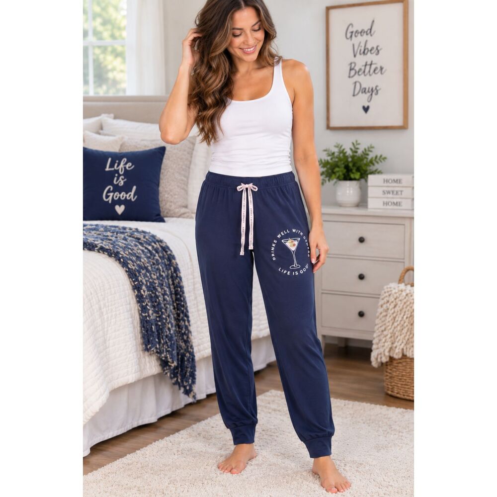 Life is Good Women's M Navy Lounge Sleep Jogger Pants Martini Graphic NWT #20